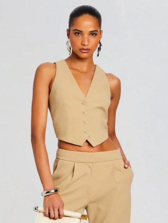 New Sans Faff Camel Brown Jessica Transparent Back Cropped Vest